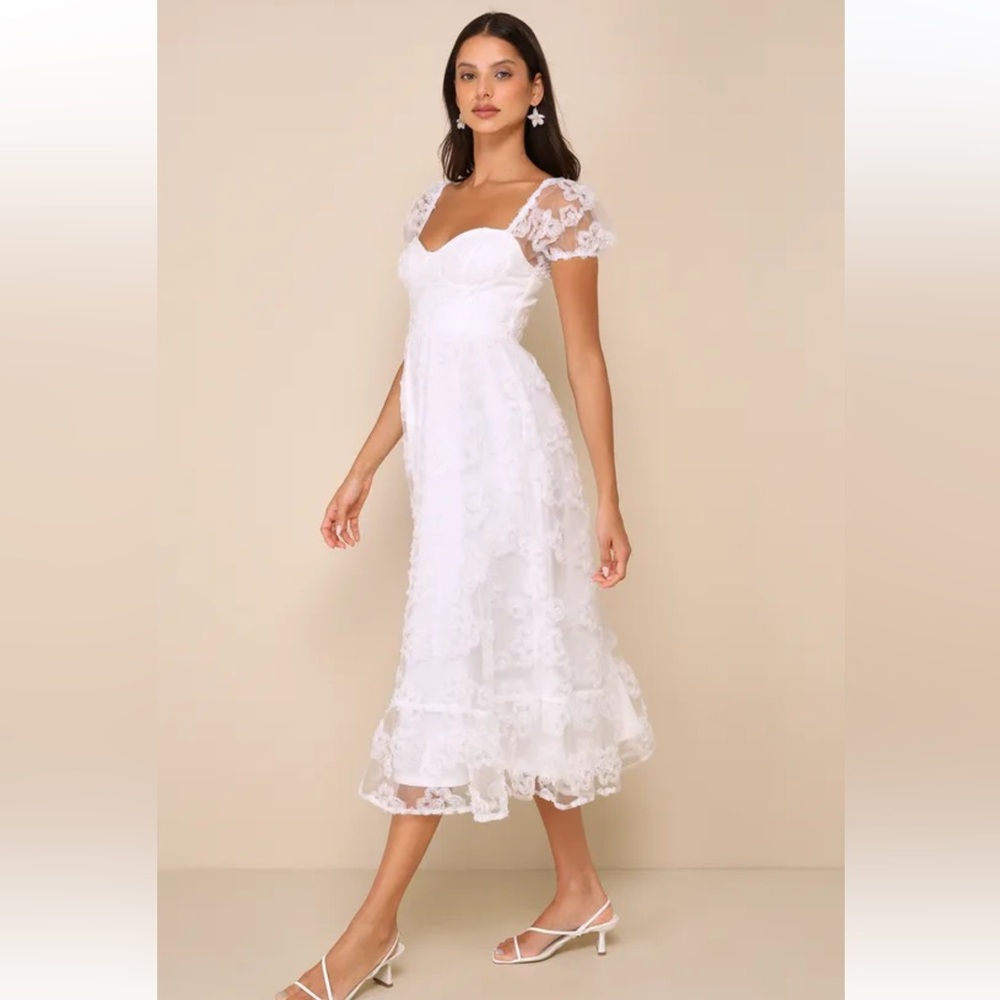 Lulus White Lace Midi Dress NWT L Bridal Shower Wedding Guest Bustier Floral